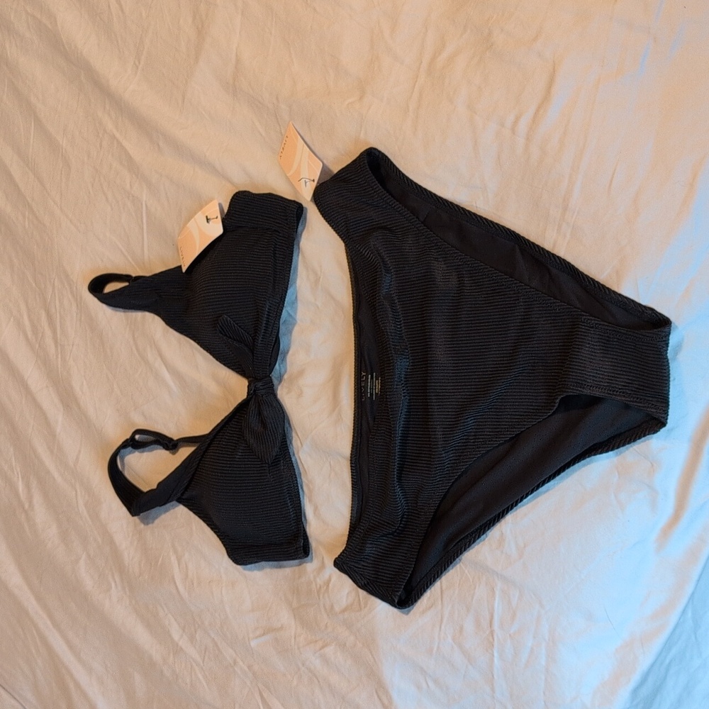 Lively NWT Black Ribbed Bikini Top & High Waist Bottoms Set - XL